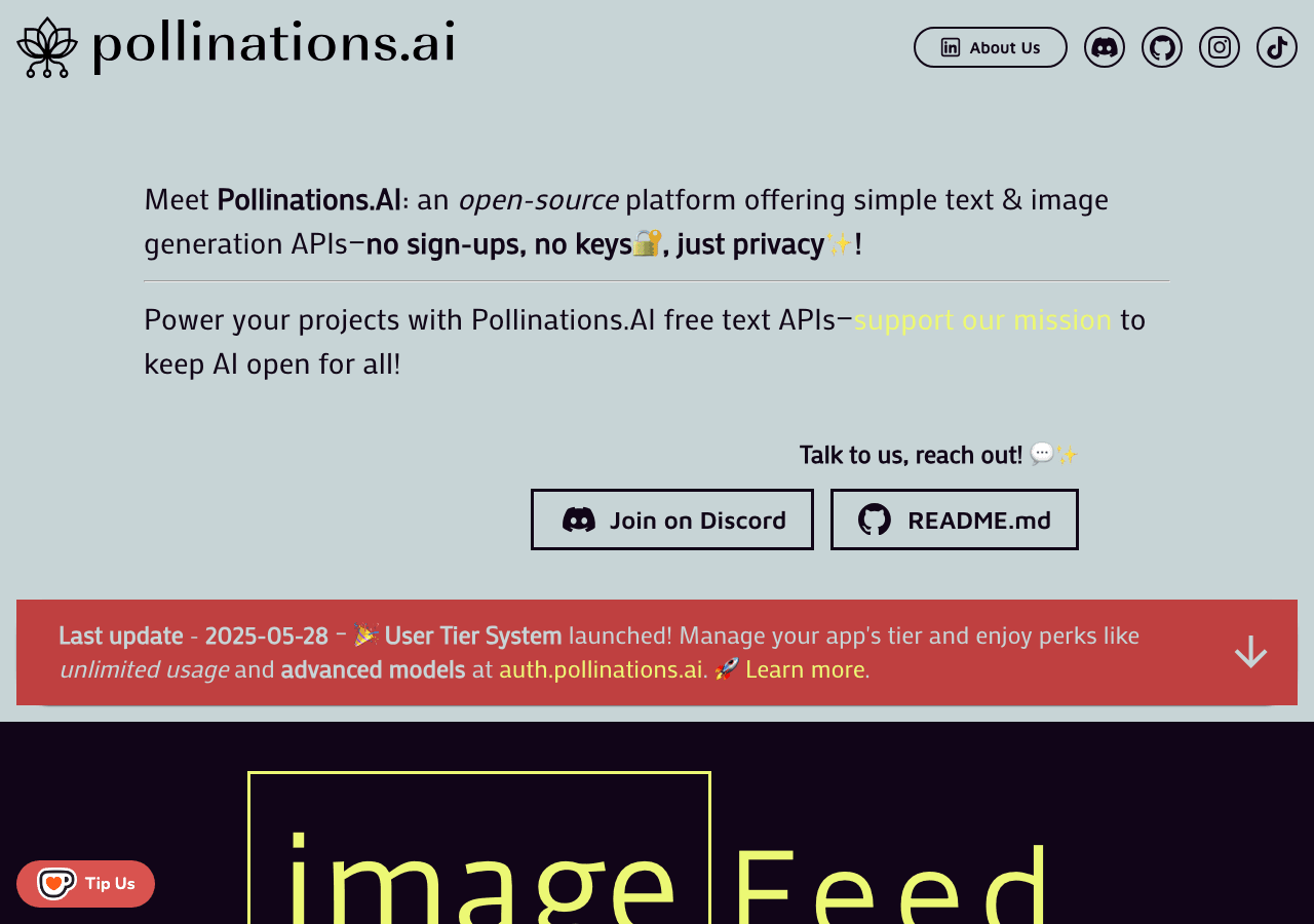 Pollinations.AI Image Generation showing Image Generation - Unleash your creativity with open-source AI art and media generat