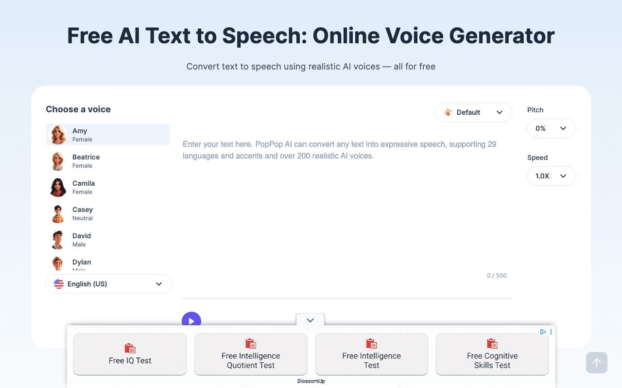 PopPop AI Text to Speech Audio Generation showing text to speech - Transform text into lifelike speech