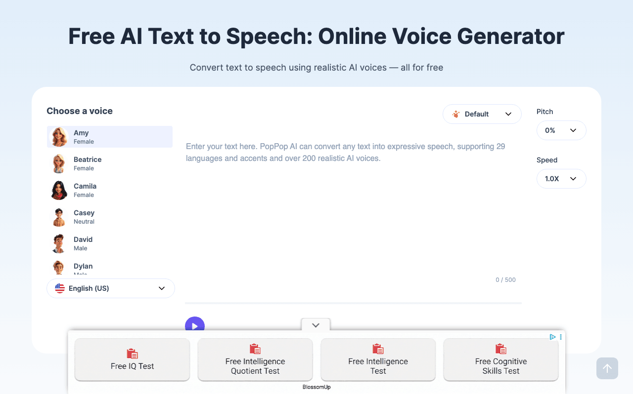 PopPop AI Text to Speech Audio Generation showing Audio Generation - Transform text into lifelike speech