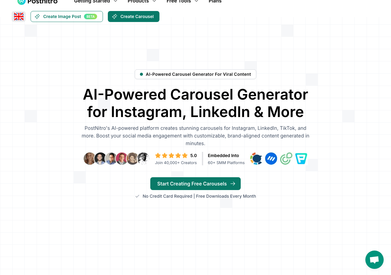 PostNitro Writing & Translation showing Writing & Translation - AI-Powered Carousels. Instantly. Visually. On Brand.