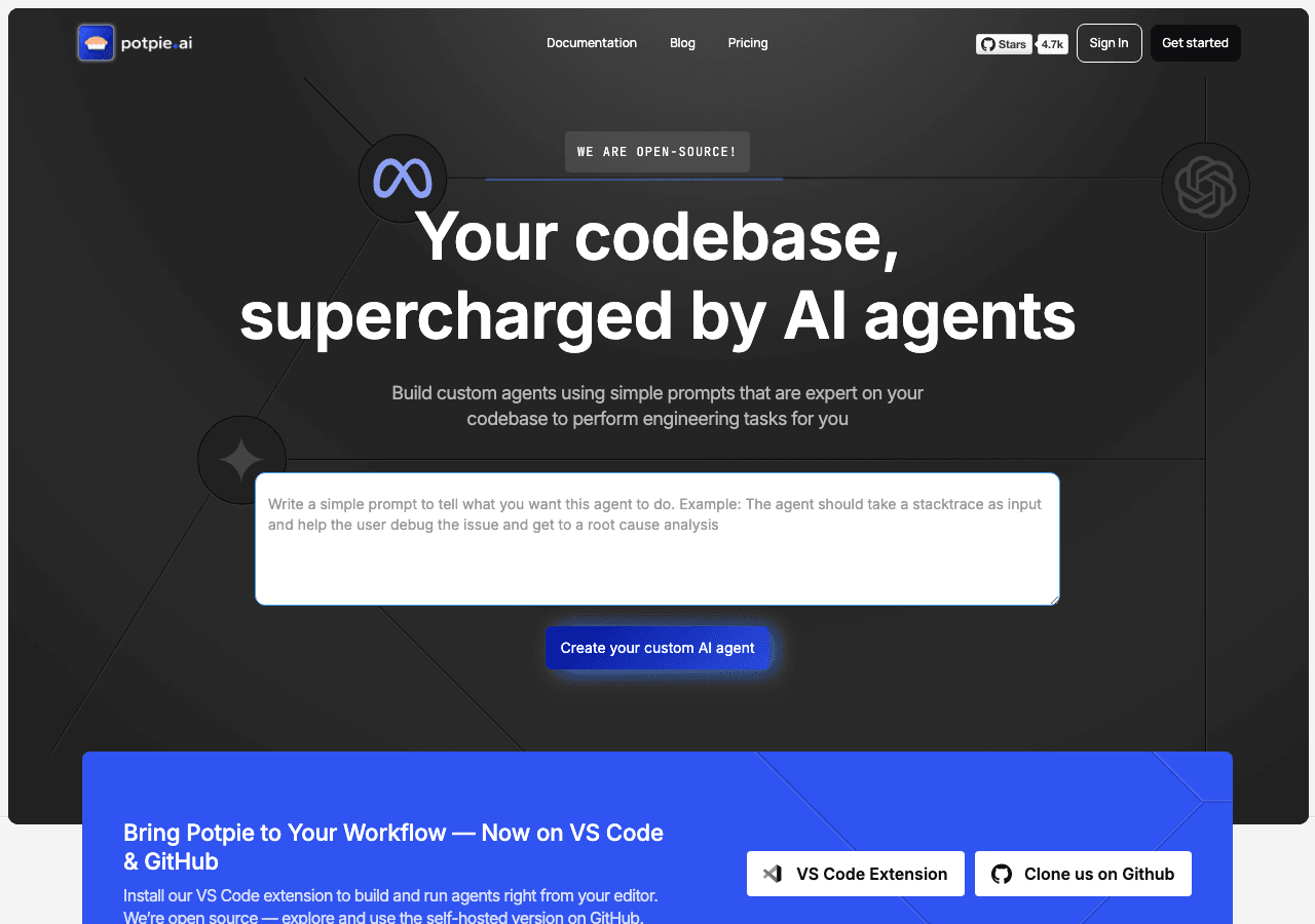 Potpie AI Code Assistance showing Code Assistance - Prompt-To-Agent: Create custom AI agents for your codebase