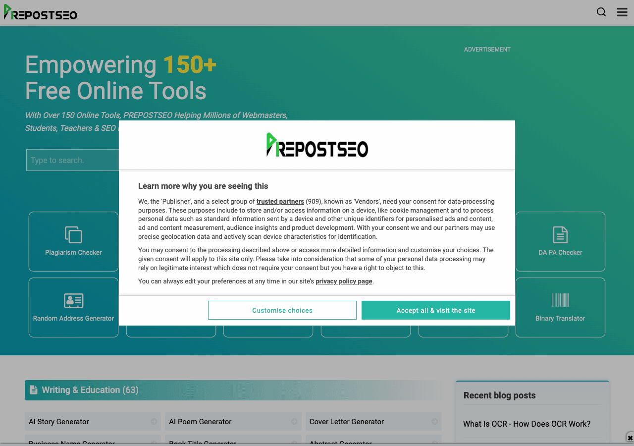 Prepostseo Writing & Translation showing plagiarism checker - Free SEO and AI writing tools in one powerful toolkit