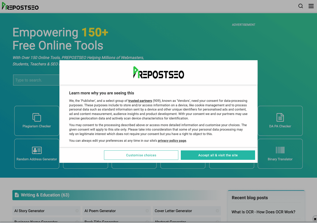 Prepostseo Writing & Translation showing Writing & Translation - Free SEO and AI writing tools in one powerful toolkit