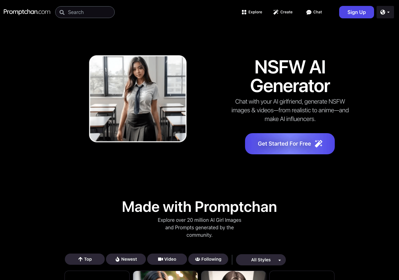 Promptchan AI Image Generation showing Image Generation - Chat with your AI girlfriend, create uncensored NSFW images & video