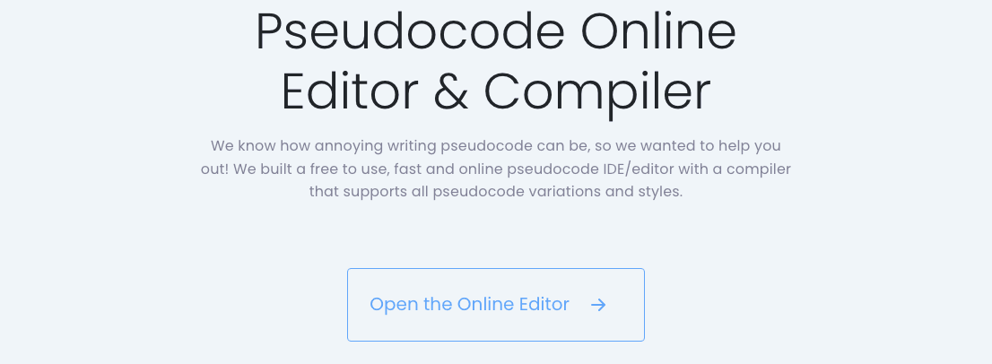 PseudoEditor Code Assistance showing Code Assistance - Write, test, and refine pseudocode online—fast, free, and easy