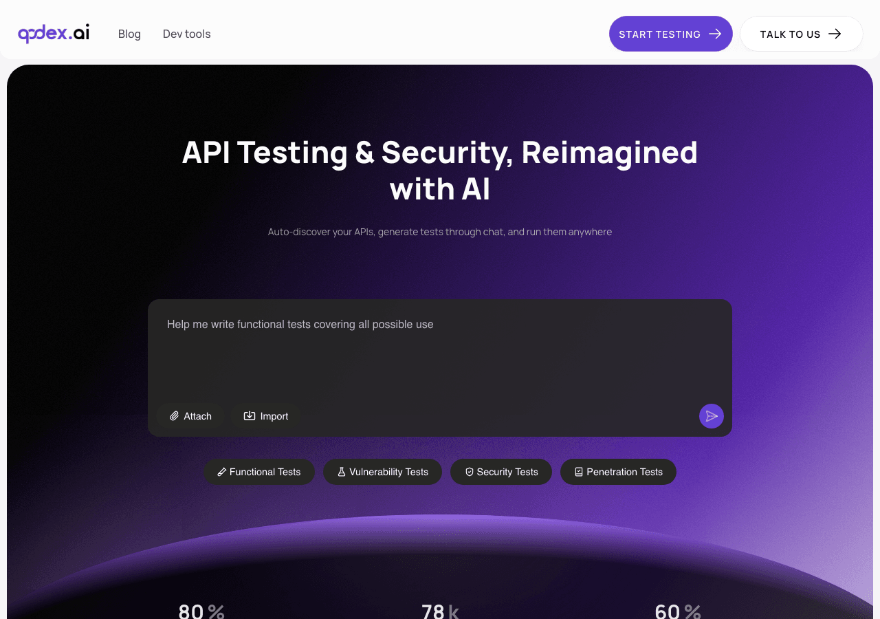 Qodex.ai Code Assistance showing Code Assistance - API Testing and Security, Simplified with AI