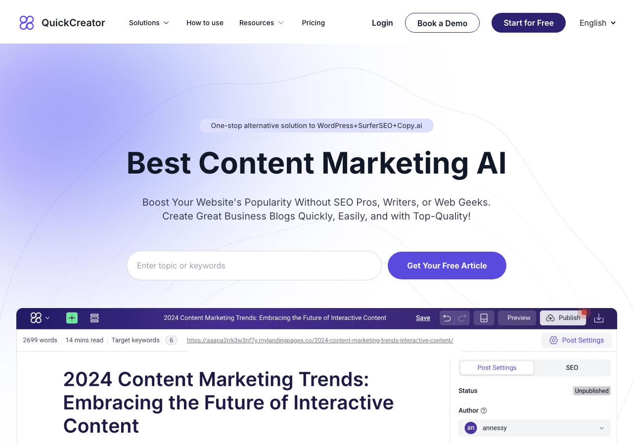 QuickCreator Marketing Automation showing Marketing Automation - Effortless Content Creation