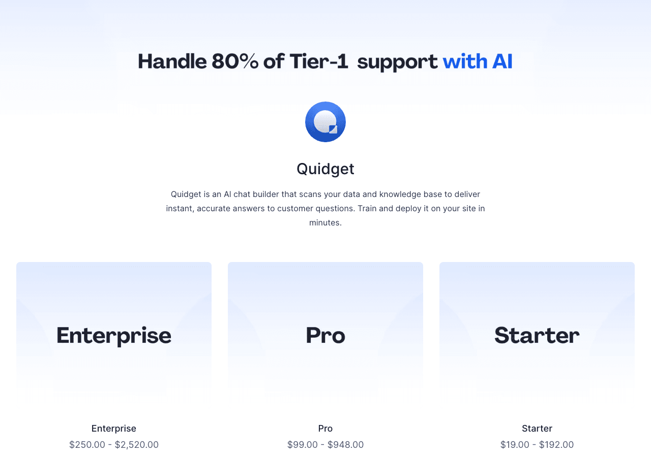 Quidget Conversational AI showing Conversational AI - Launch AI Agents in 2 Minutes – No Code Needed