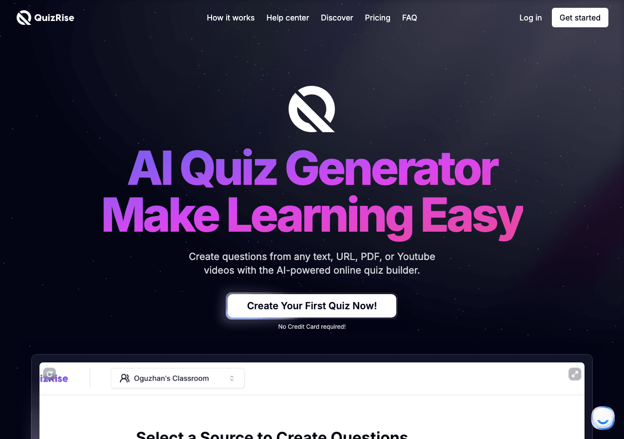QuizRise Conversational AI showing Conversational AI - Transform Content Into Learning Experiences