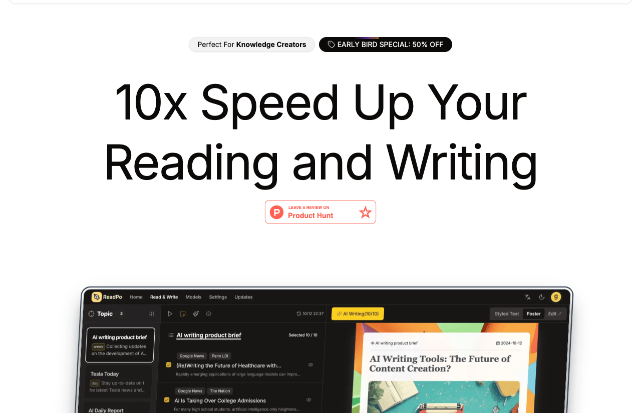 ReadPo Search & Discovery showing Search & Discovery - Collect, read, and create content at lightning speed