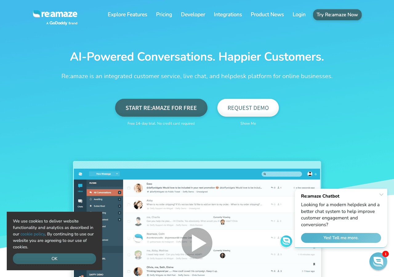 Re:amaze Conversational AI showing Conversational AI - Customer service, live chat, and helpdesk software