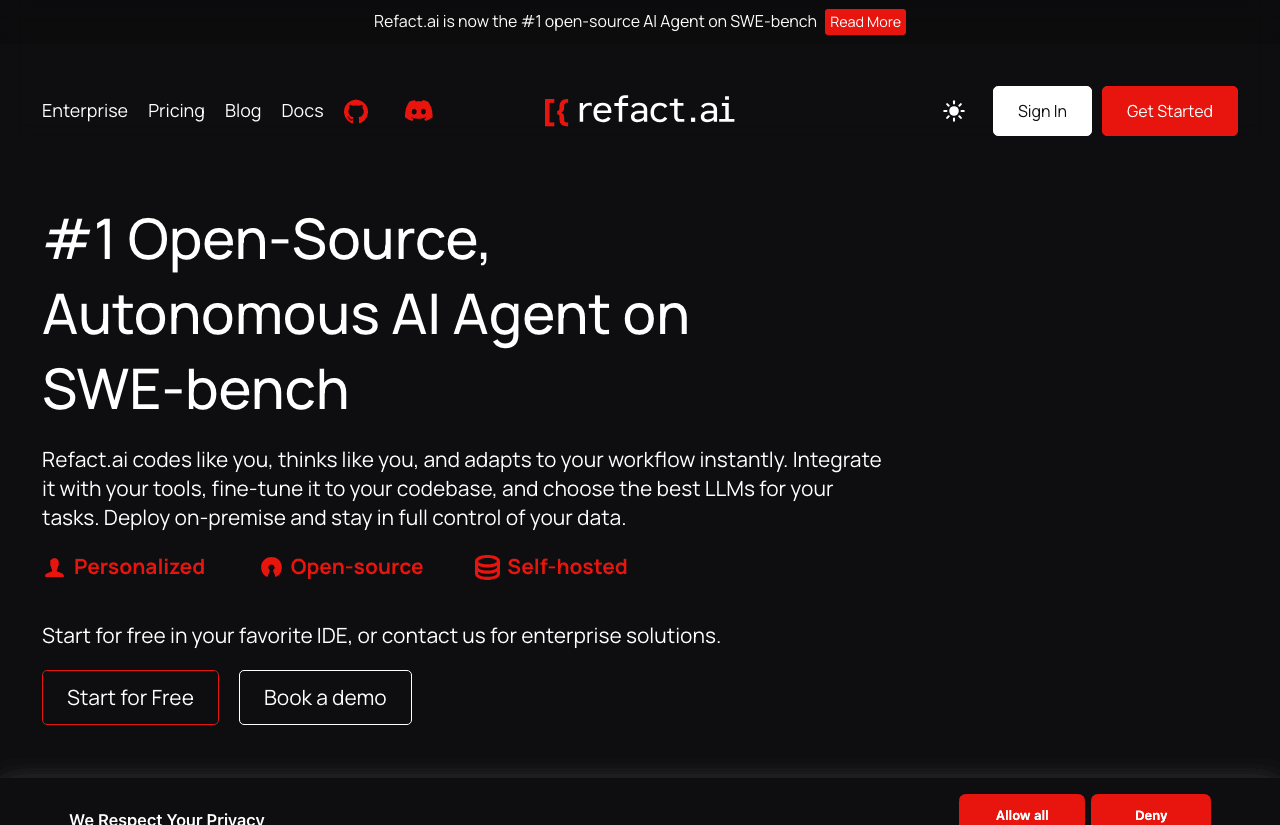 Refact.ai Code Assistance showing Code Assistance - Autonomous AI Agent for Context-Aware Software Development