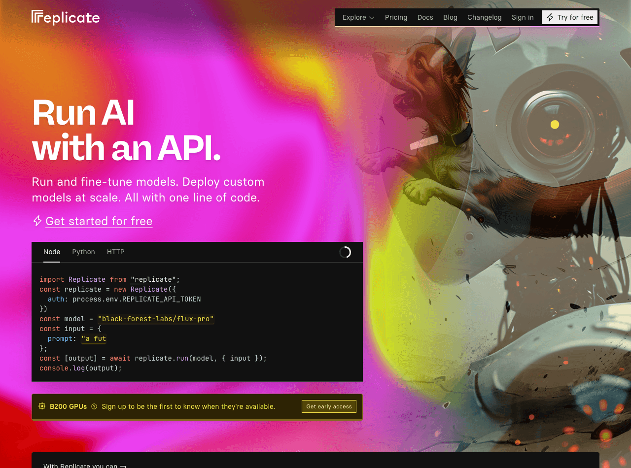 Replicate Code Assistance showing Code Assistance - Deploy any AI model globally with one line of code