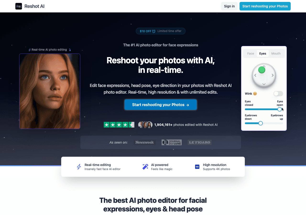 Reshot AI Image Generation showing Image Generation - Create studio-quality portraits instantly with AI-powered editing and t
