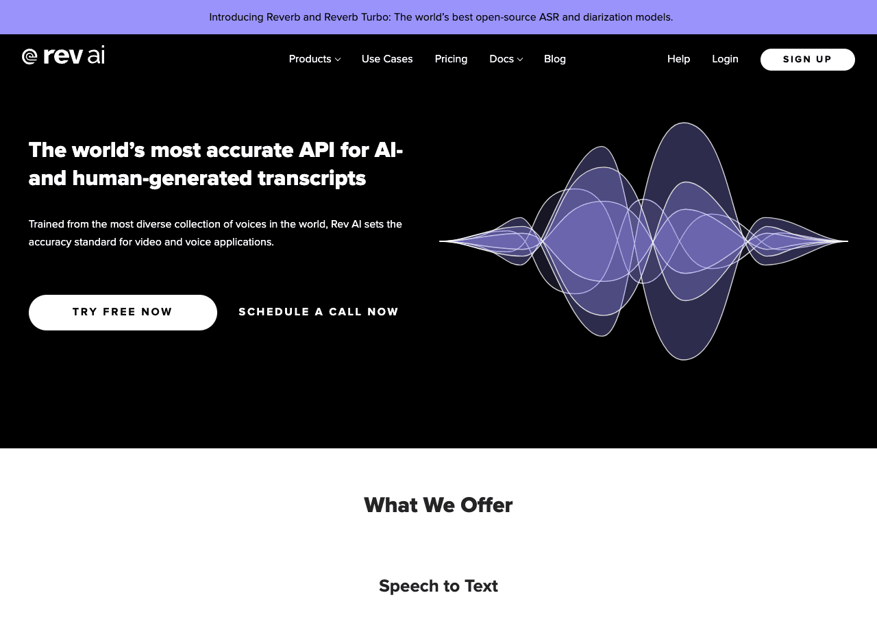 Rev AI Audio Generation showing Audio Generation - Accurate transcripts and captions powered by AI and human expertise