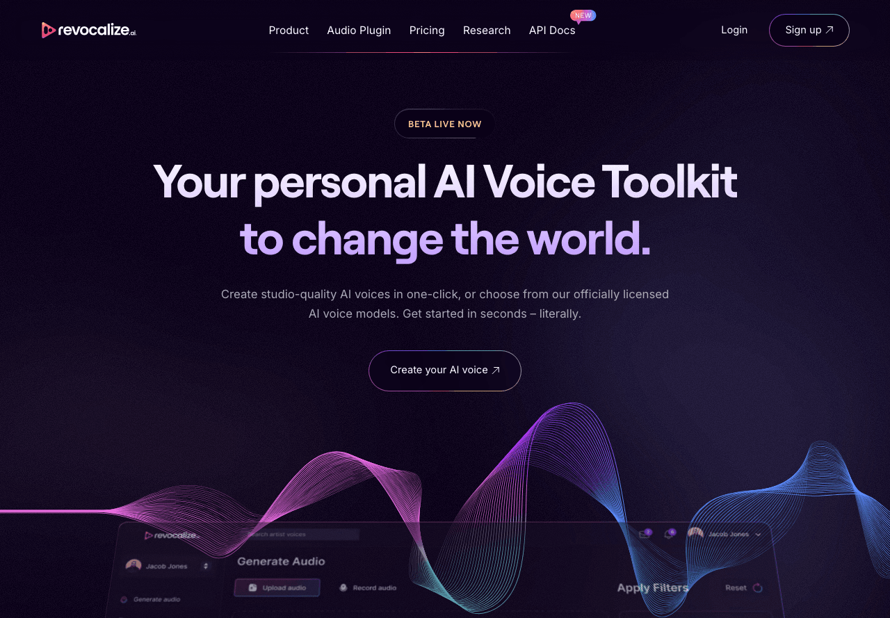Revocalize AI Audio Generation showing Audio Generation - Unleash Your Voice. Create, Transform, and Monetize with AI.