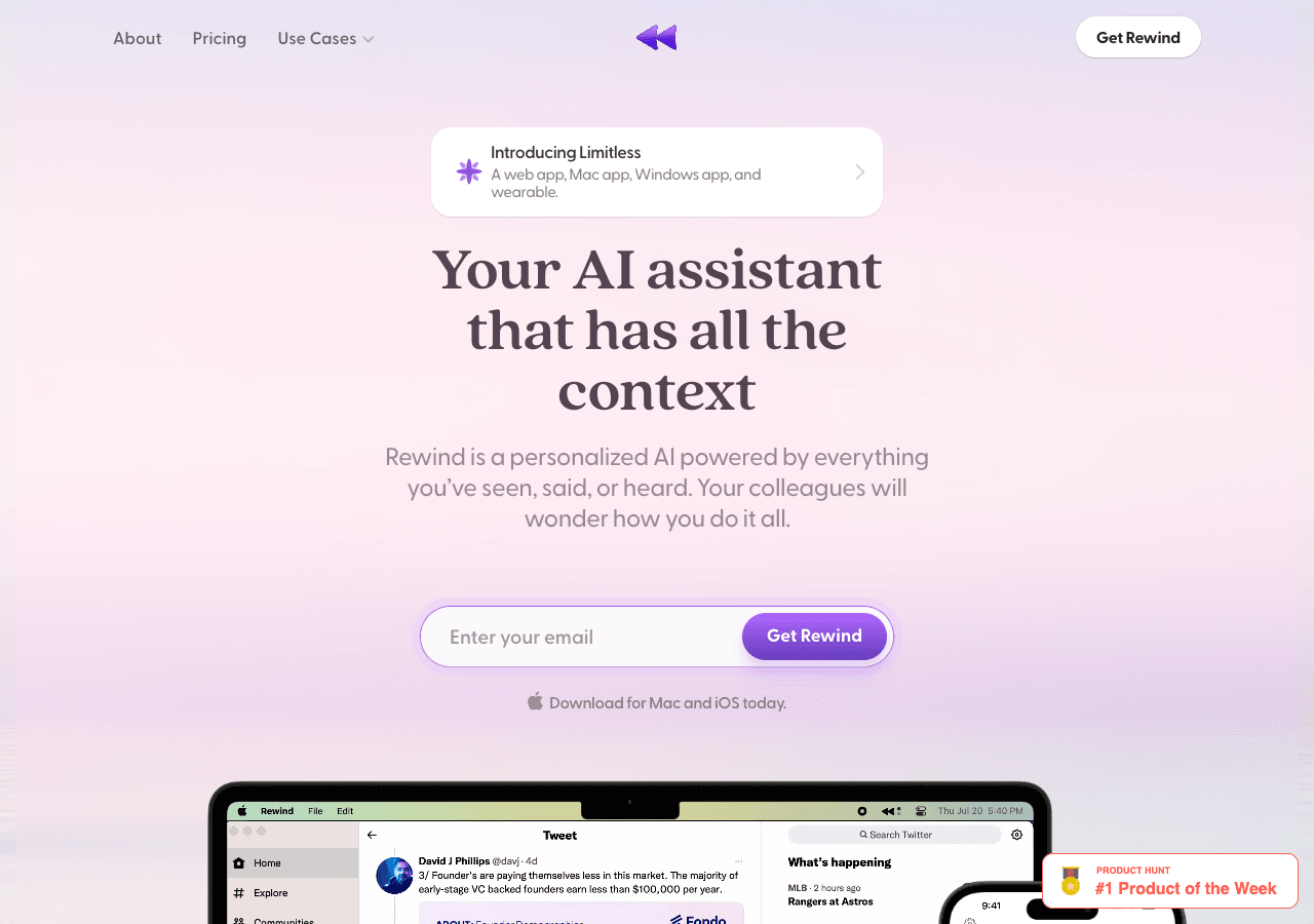Rewind Conversational AI showing Conversational AI - Your personalized AI powered by everything you've seen, said, or heard.