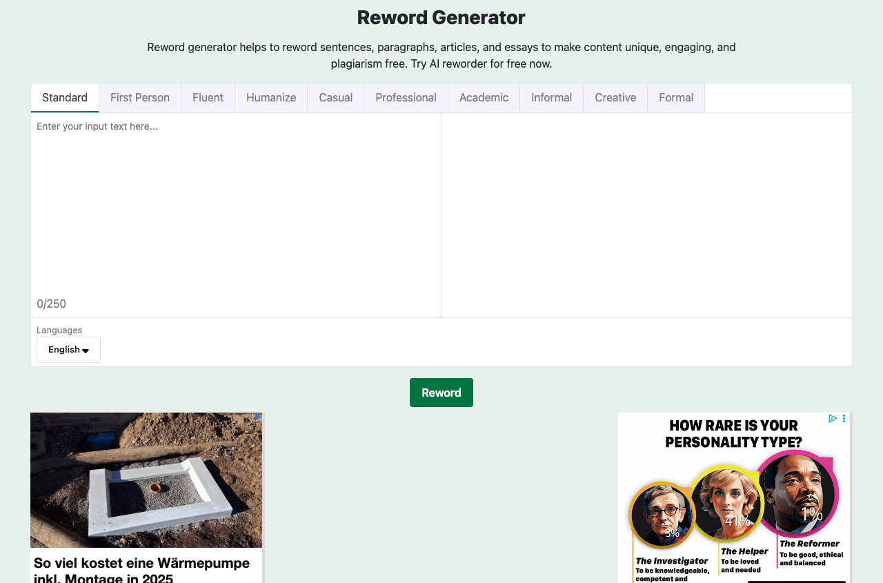 Reword Generator Writing & Translation showing Writing & Translation - Reword any text into clear, unique, and engaging conte