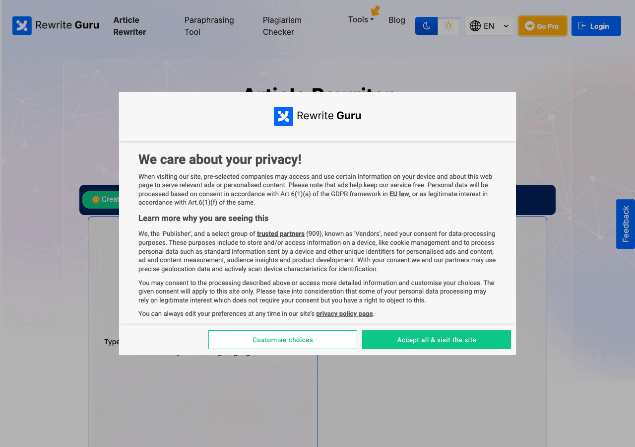 RewriteGuru Writing & Translation showing Writing & Translation - Rewrite Text Instantly for Unique, Clear, and Plagiarism-Fr