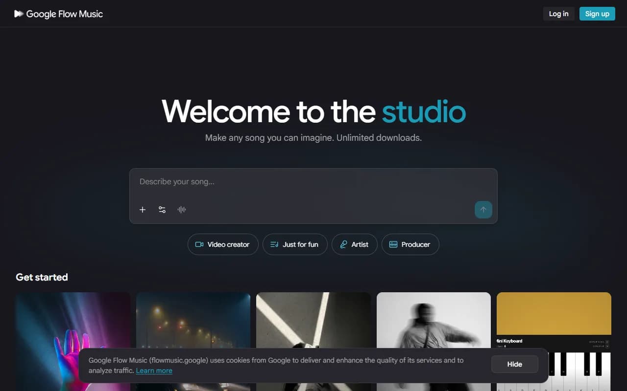 Google Flow Music Music Generation showing ai music generator - Create the music you imagine.