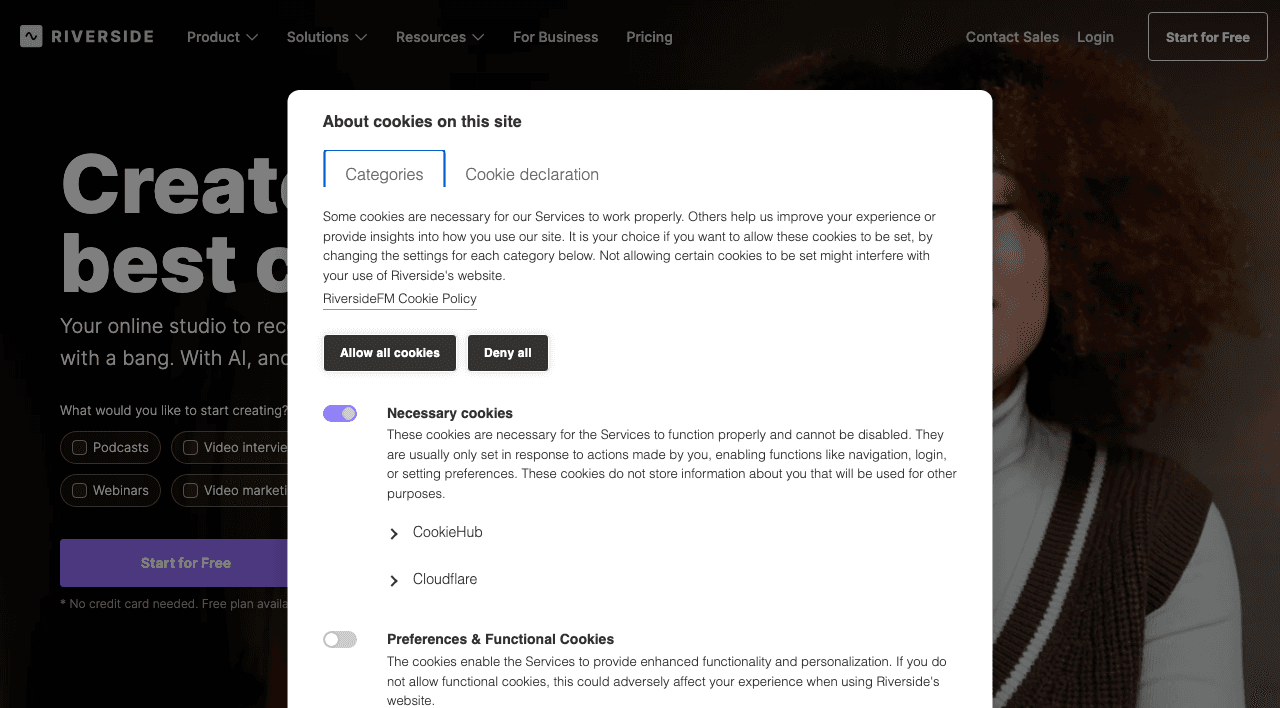 Riverside Audio Editing showing ai video editor - Your online studio for high-quality podcast and video recording and editing