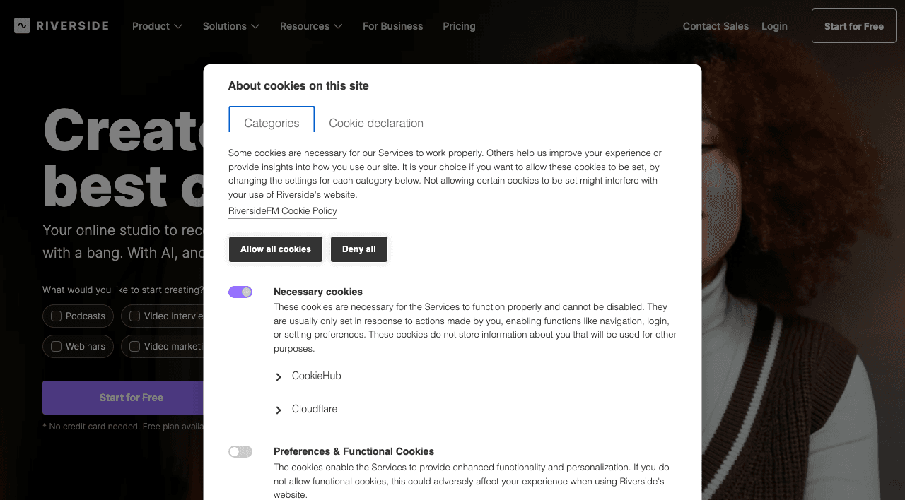Riverside Audio Editing showing Audio Editing - Your online studio for high-quality podcast and video recording and editing.