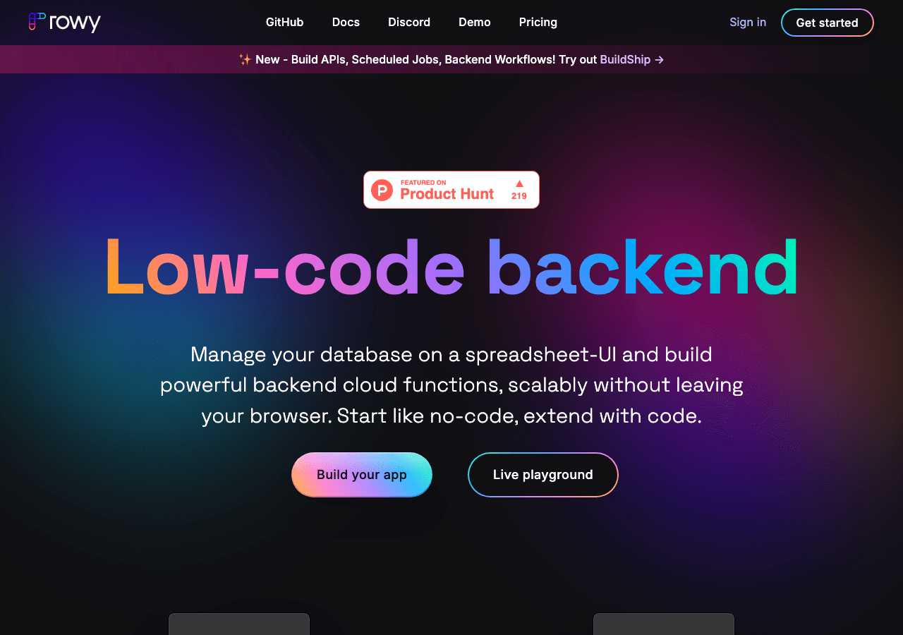 Rowy Code Assistance showing Code Assistance - Build and automate your backend visually on Firestore, starting with no-code a