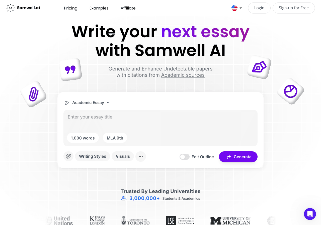 Samwell.ai Conversational AI showing Conversational AI - Your AI-powered writing partner for academic success