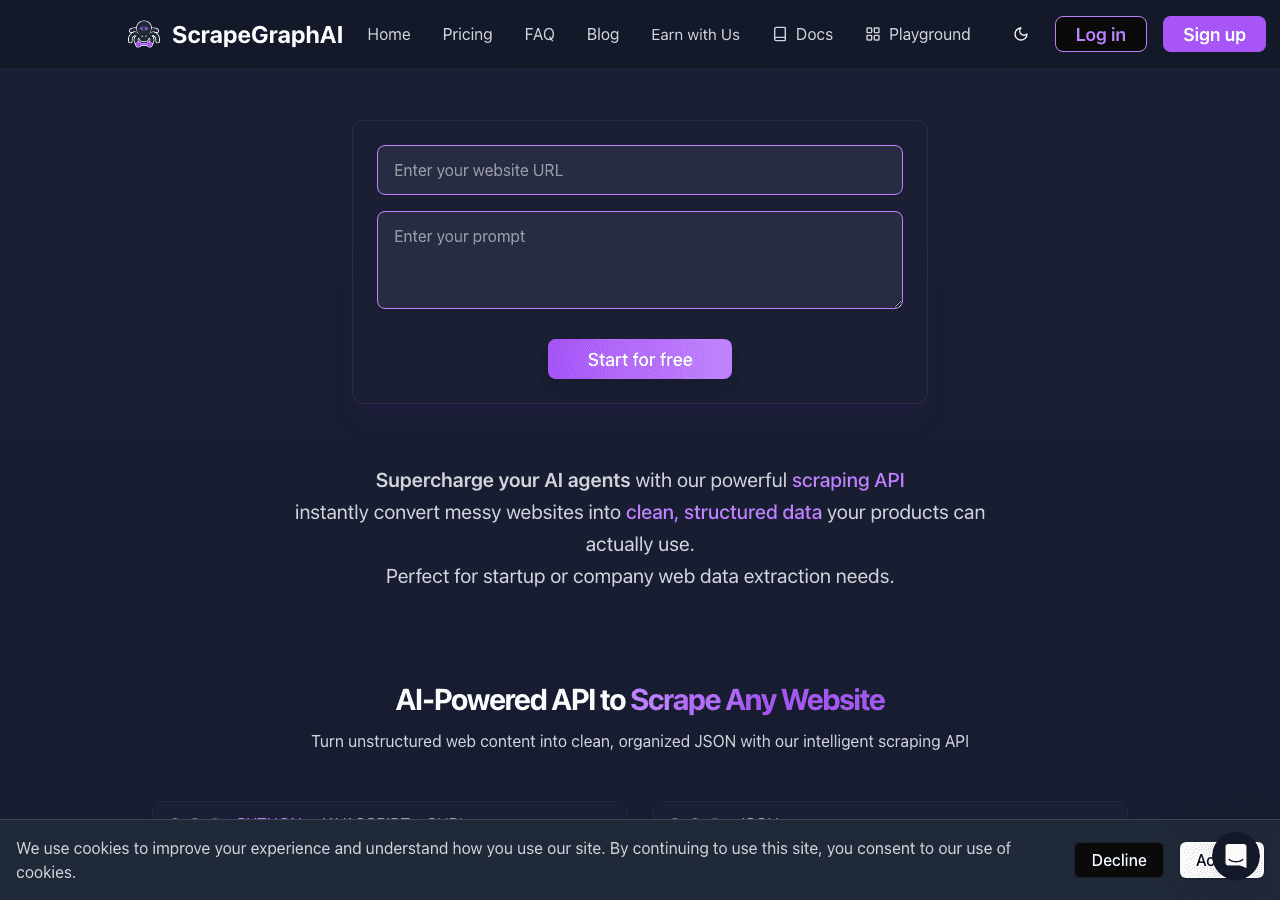 ScrapeGraphAI Data Analytics showing Data Analytics - Transform web and document data into actionable insights with AI-driven