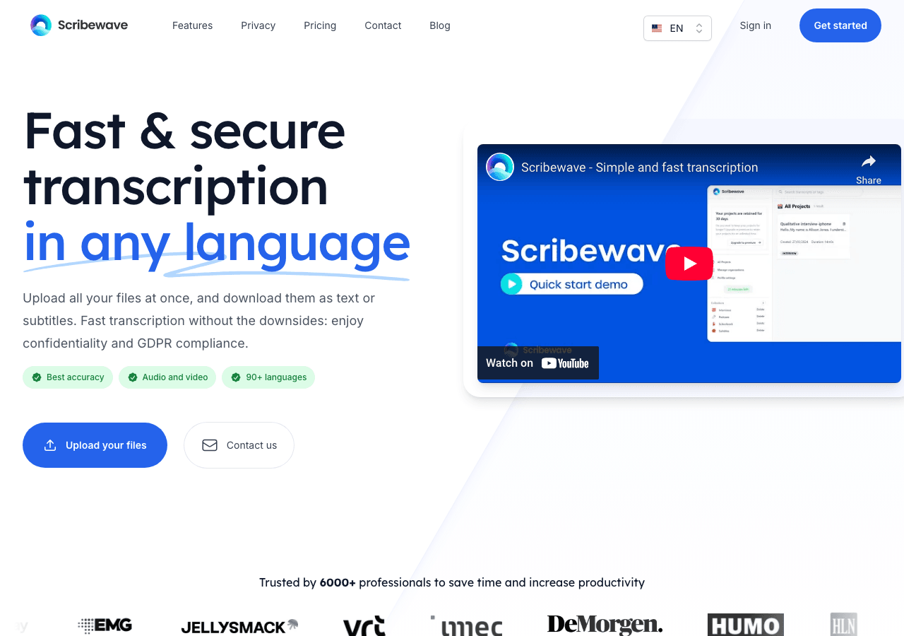 Scribewave Writing & Translation showing Writing & Translation - Transcribe with ease, wave goodbye to manual typing!