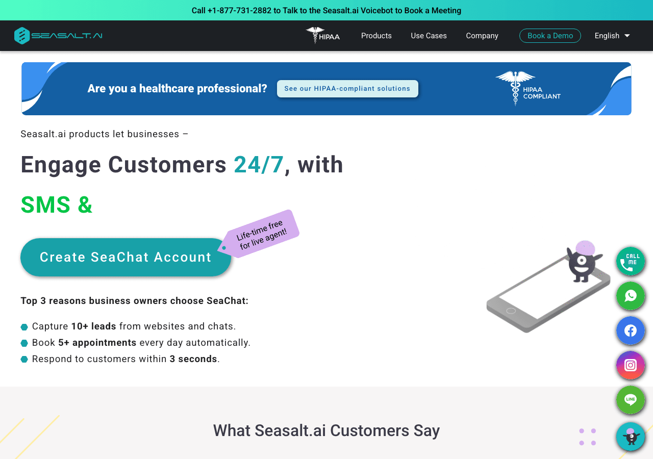 Seasalt.ai Conversational AI showing Conversational AI - Stop juggling apps. Unify every customer call, WhatsApp, and chat in