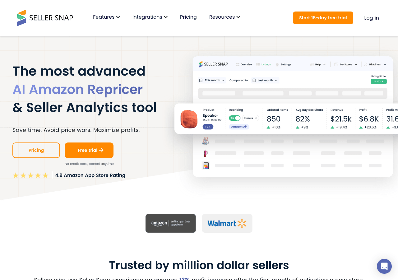 Seller Snap Data Analytics showing Data Analytics - Maximize Profits. Avoid Price Wars. The Game Theory Amazon Repricer.