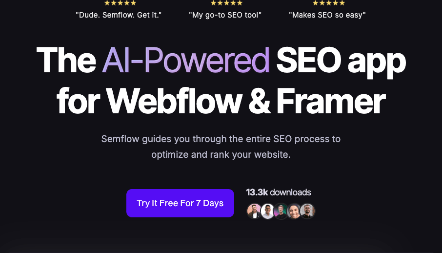 Semflow Data Analytics showing Data Analytics - AI SEO assistant for Webflow and Framer