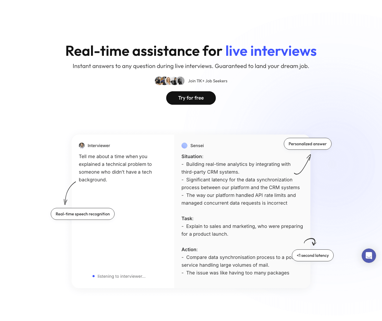 Sensei AI Conversational AI showing Conversational AI - Real-time AI copilot for interviews—tailored answers, coding help, an