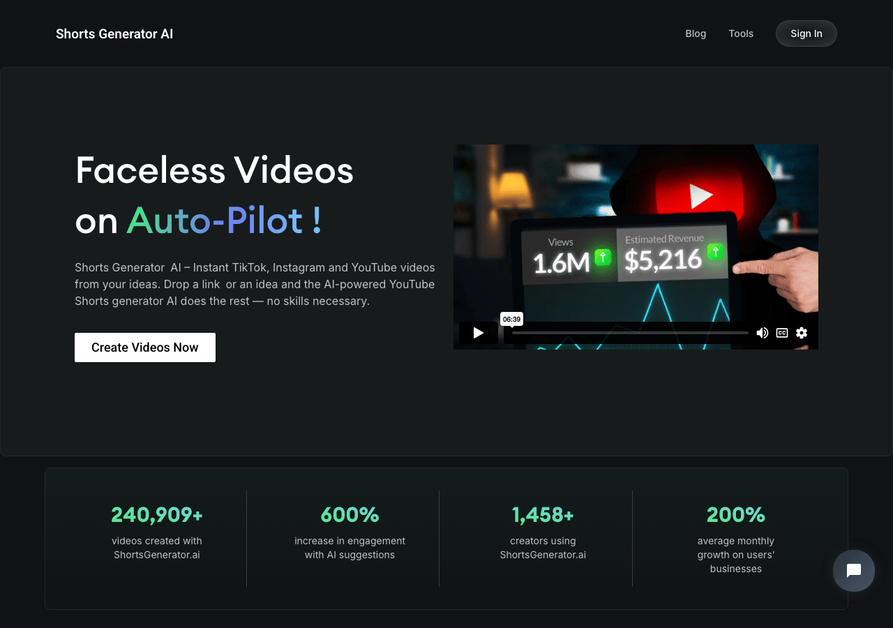 Shorts Generator AI Video Generation showing Video Generation - Create viral AI-powered short videos in minutes.