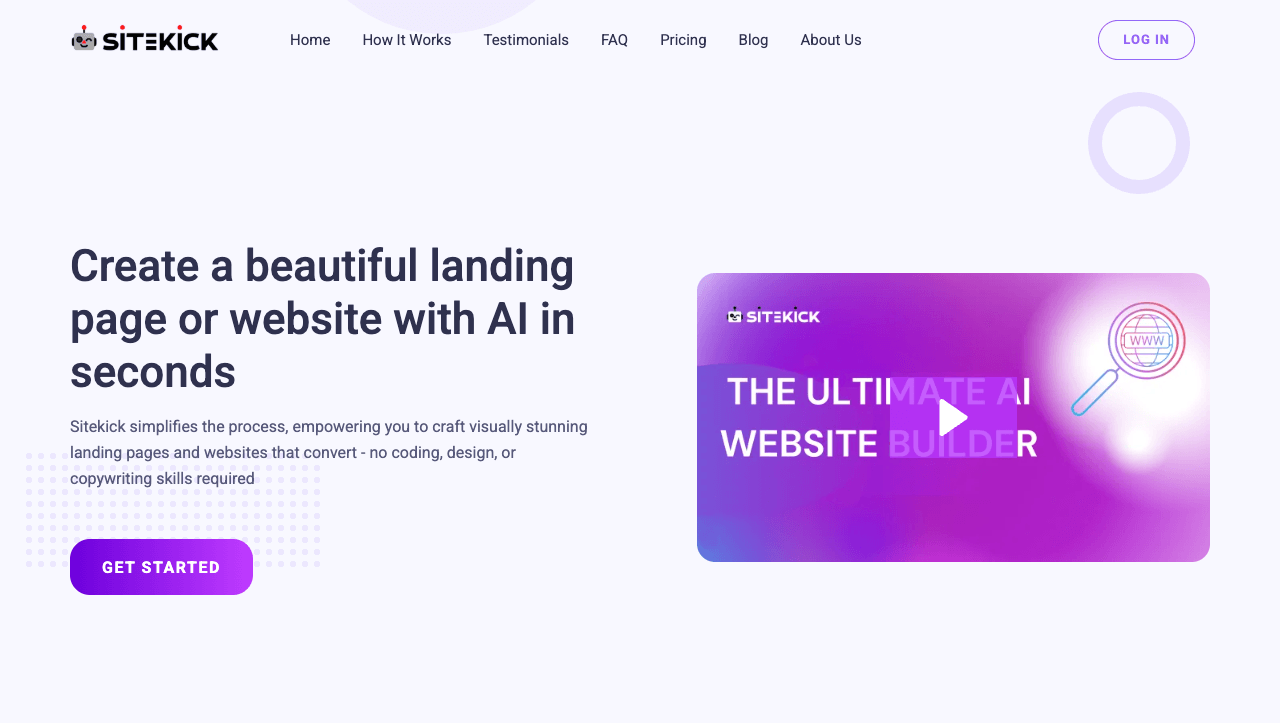 Sitekick AI Marketing Automation showing Marketing Automation - Generate conversion-optimized landing pages & websites in und