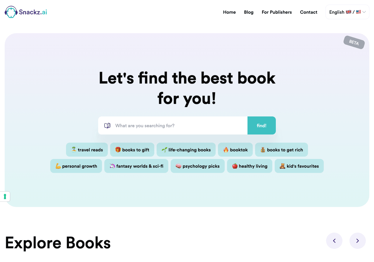Snackz.ai Search & Discovery showing Search & Discovery - Unlock book insights in minutes