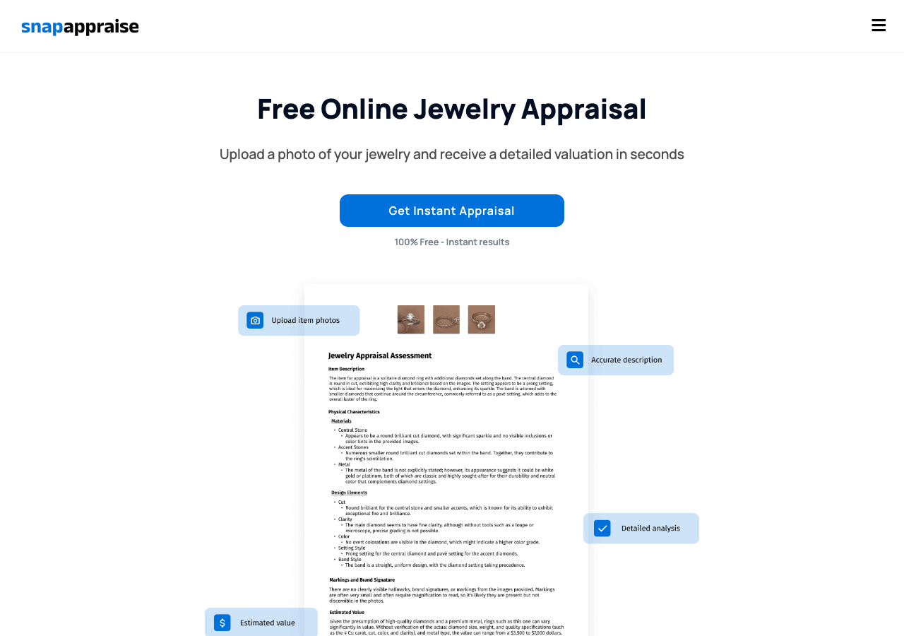 SnapAppraise Conversational AI showing Conversational AI - Instant Jewelry Appraisal