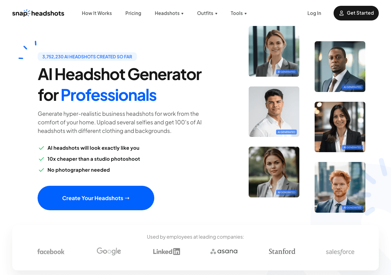 SnapHeadshots Image Generation showing Image Generation - Create 100+ realistic AI headshots in various outfits & backgrounds