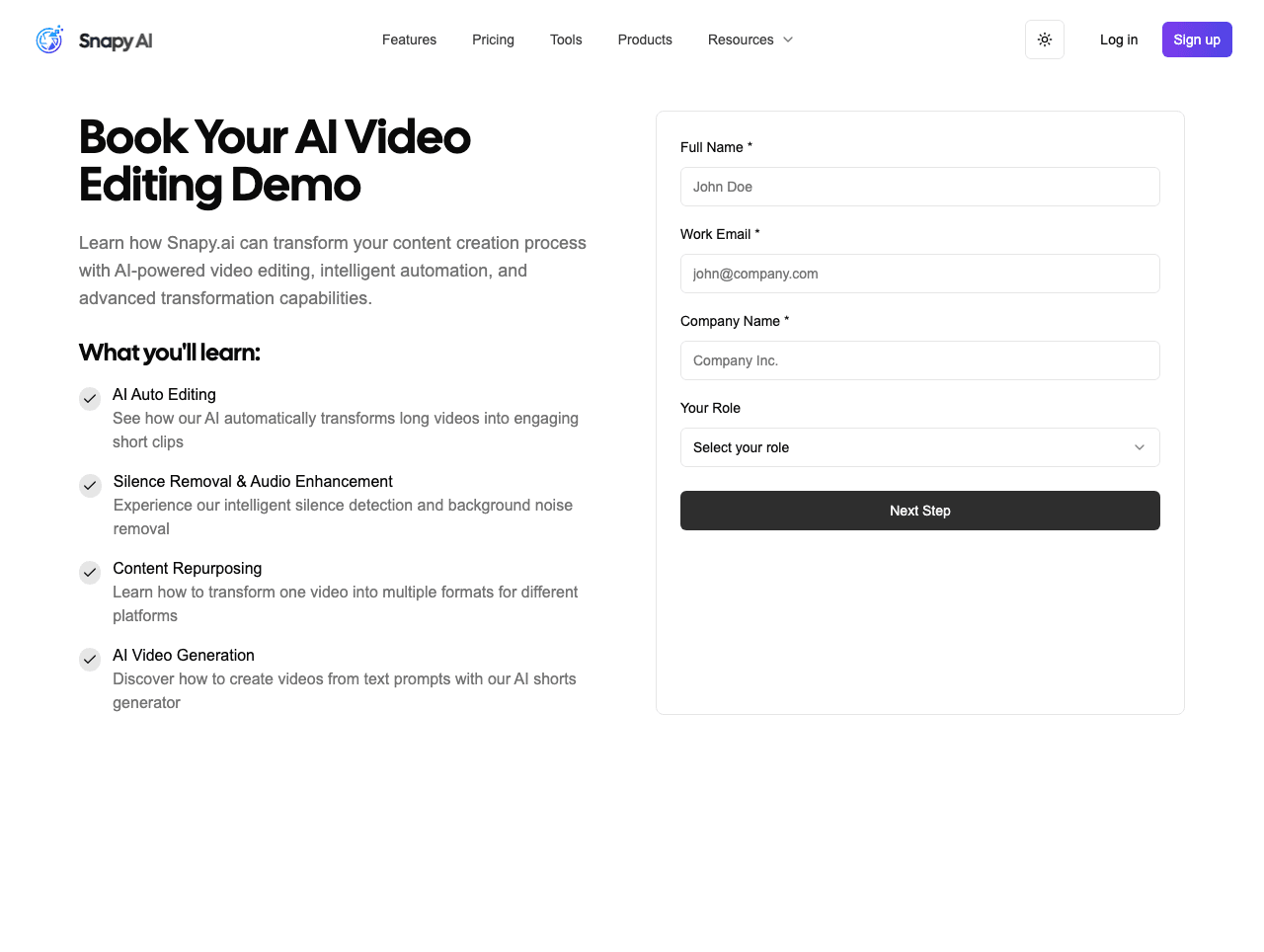 Snapy.ai Video Editing showing Video Editing - Streamline your data processing with AI
