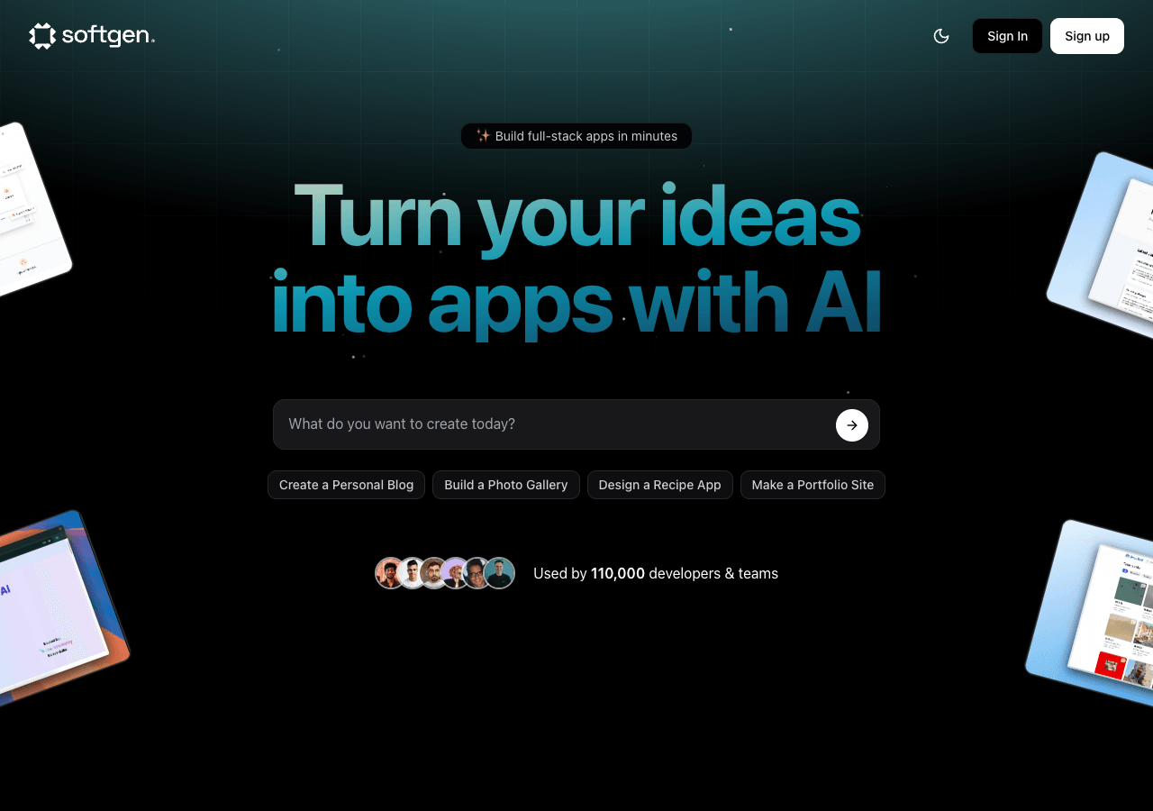 Softgen.ai Code Assistance showing Code Assistance - Turn your ideas into full-stack apps—no code, just conversation.