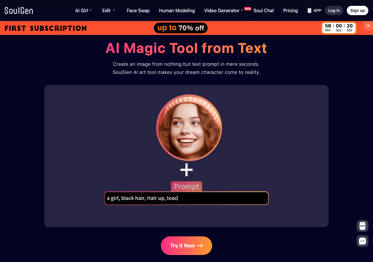 SoulGen Image Generation showing Image Generation - Create lifelike AI art and videos from your imagination—in seconds.