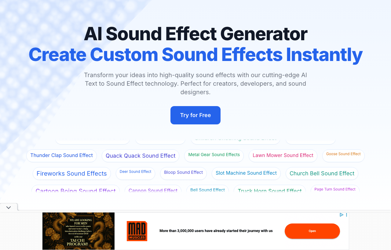 Sound Effect Generator Audio Generation showing Audio Generation - Create custom sound effects easily!