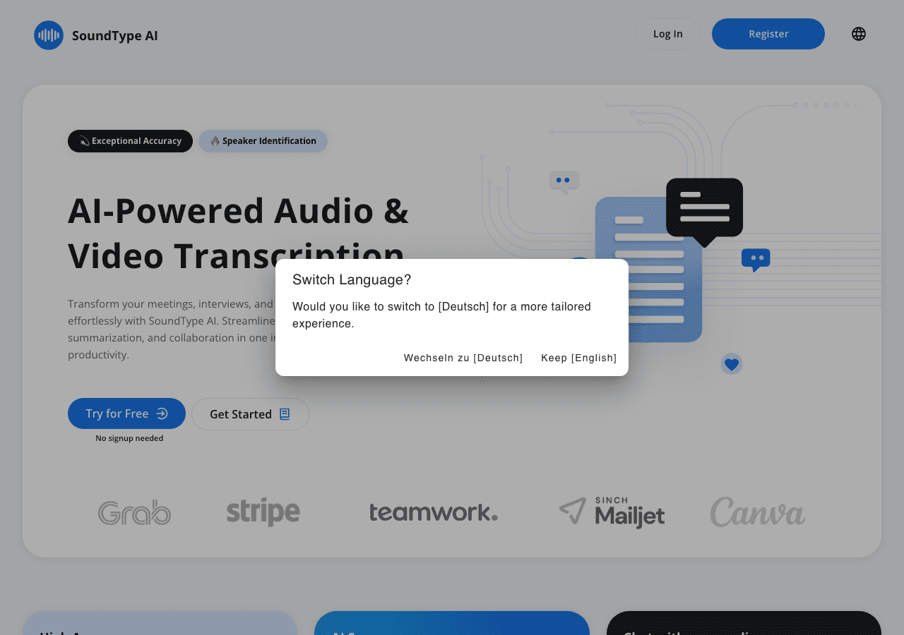 SoundType AI Audio Editing showing audio transcription - Elevate your audio content with AI