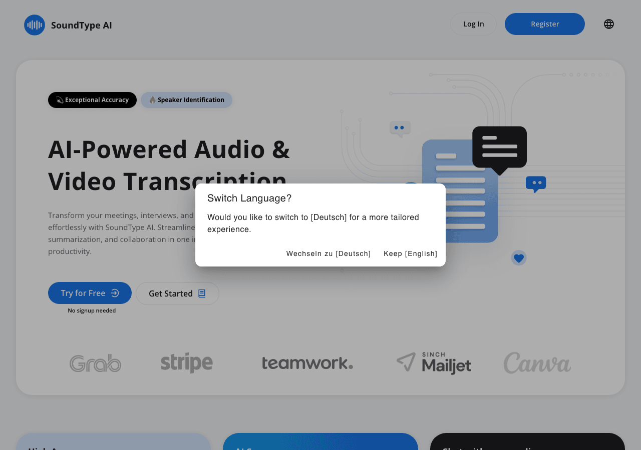 SoundType AI Audio Editing showing Audio Editing - Elevate your audio content with AI