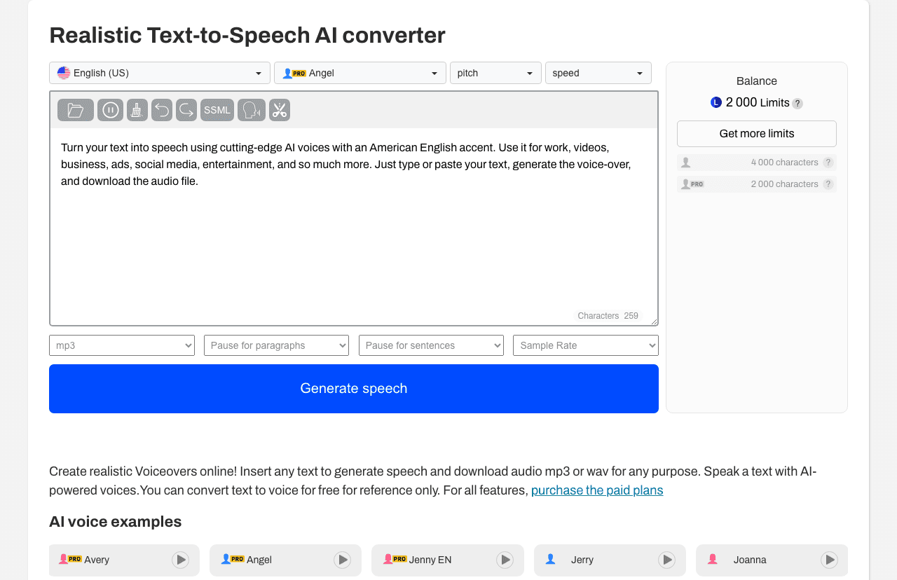 SpeechGen.io Audio Generation showing text-to-speech - AI-powered realistic voiceovers and transcription from any text or aud