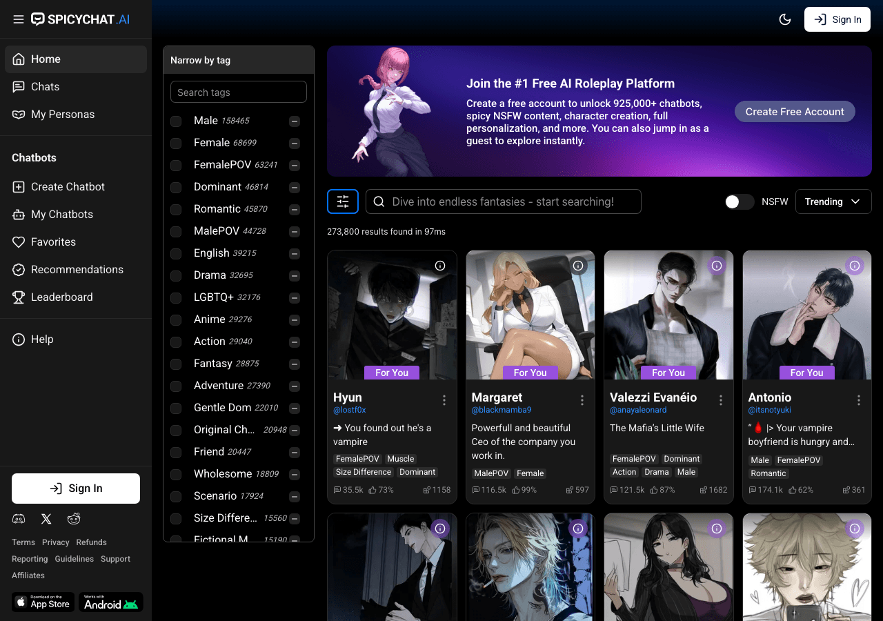 SpicyChat AI Conversational AI showing nsfw ai chatbot - Uncensored AI Chats, Fully Customized