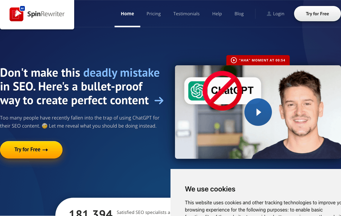 Spin Rewriter AI Writing & Translation showing Writing & Translation - The Best Article Rewriting & Spinning Software