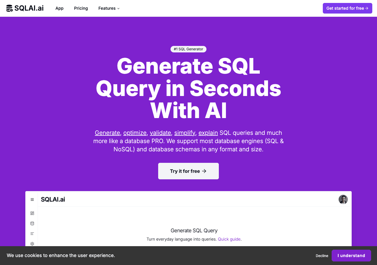 SQLAI.ai Code Assistance showing Code Assistance - Generate SQL Queries in Seconds for Free