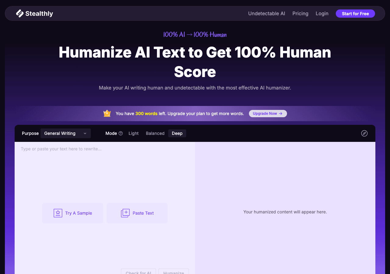 Stealthly AI Conversational AI showing Conversational AI - Make your AI content indistinguishable from human writing
